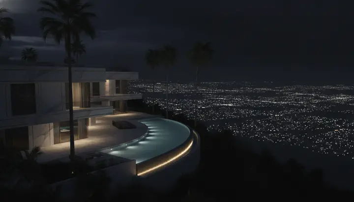 Mansão moderna com piscina à noite