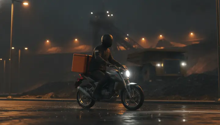 Entregador de moto passando por uma mina à noite