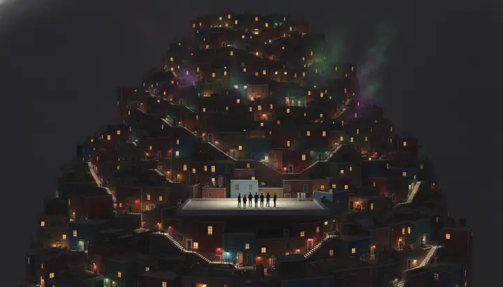 Morro iluminado à noite com um grupo no alto