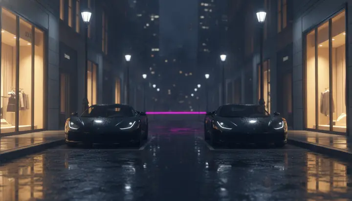 Carros esportivos numa avenida à noite